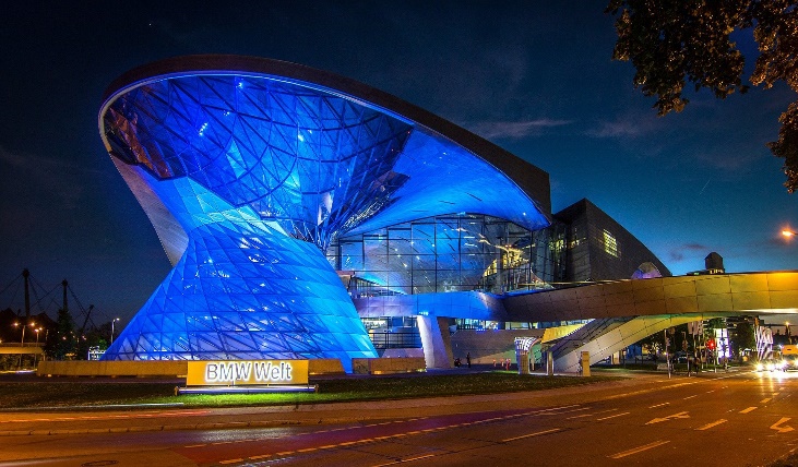 illuminated BMW World in Munich at night