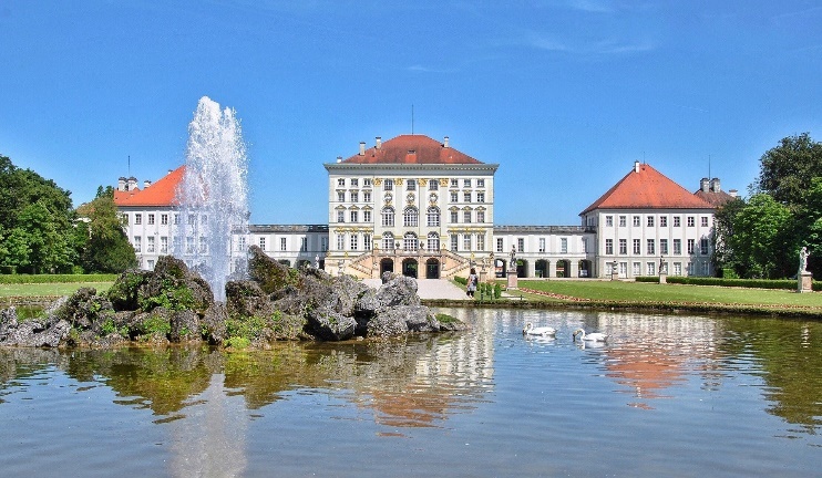 Nymphenburg palace main entrance with fountain in front